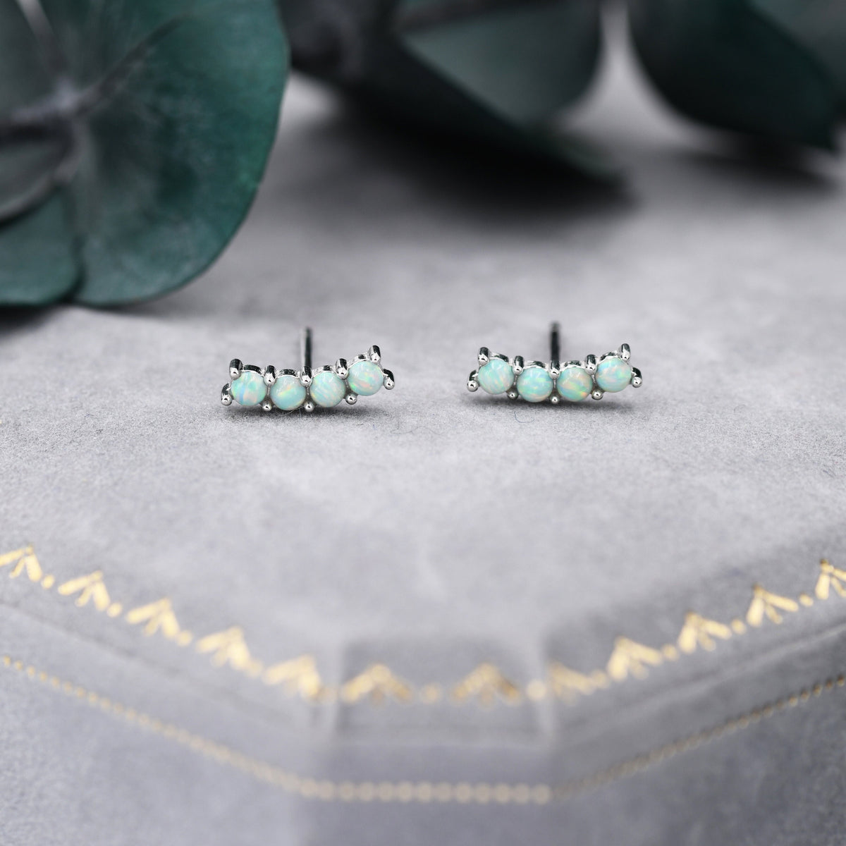 Tiny Little Green Opal Curved Bar Stud Earrings in Sterling Silver, Silver or Gold, Aqua Blue Opal Bar Earrings