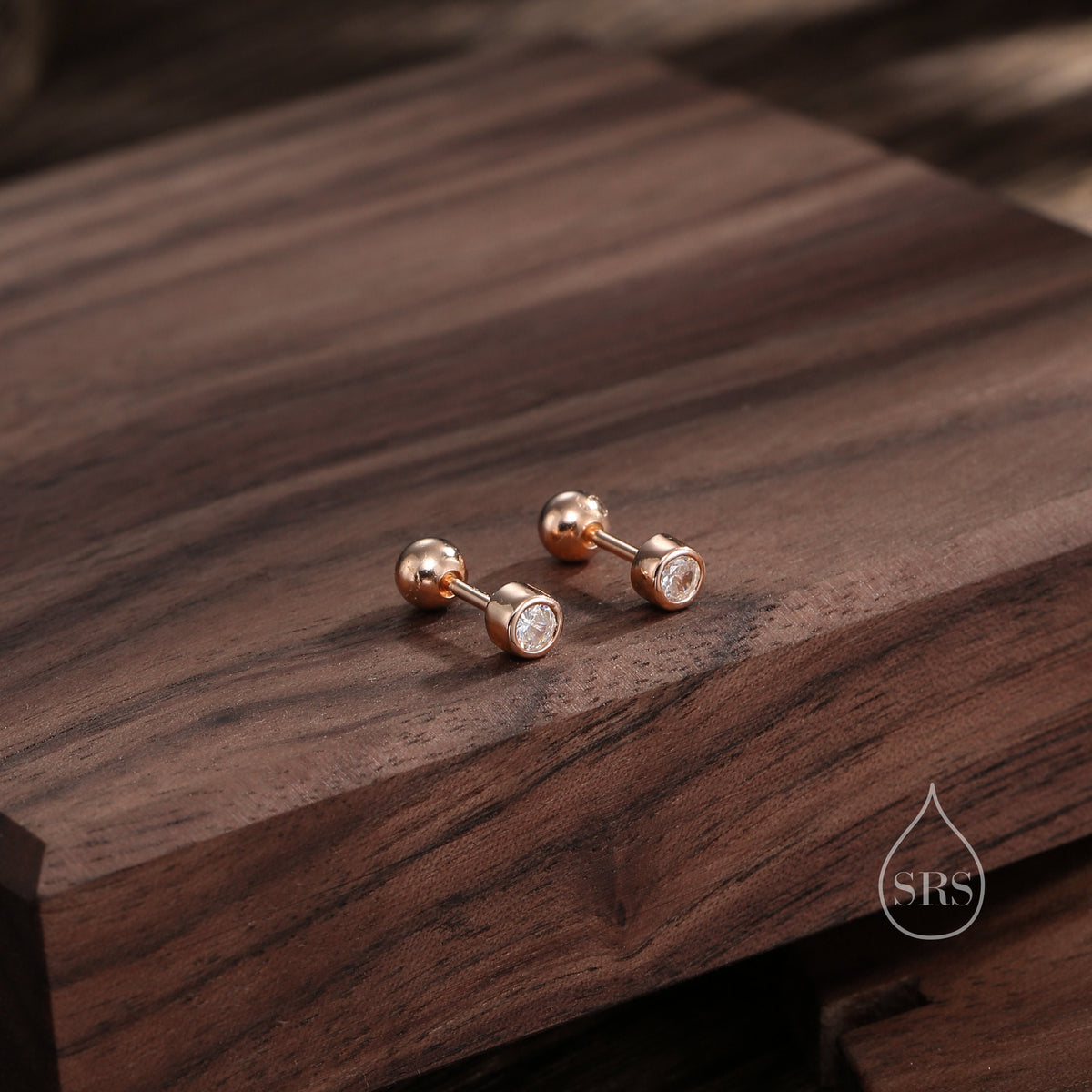 Small Pair of CZ Crystal Screw Back Earrings in Sterling Silver, Rose Gold, and Silver, ball Back Earrings - helix ,cartilage, conch, tragus