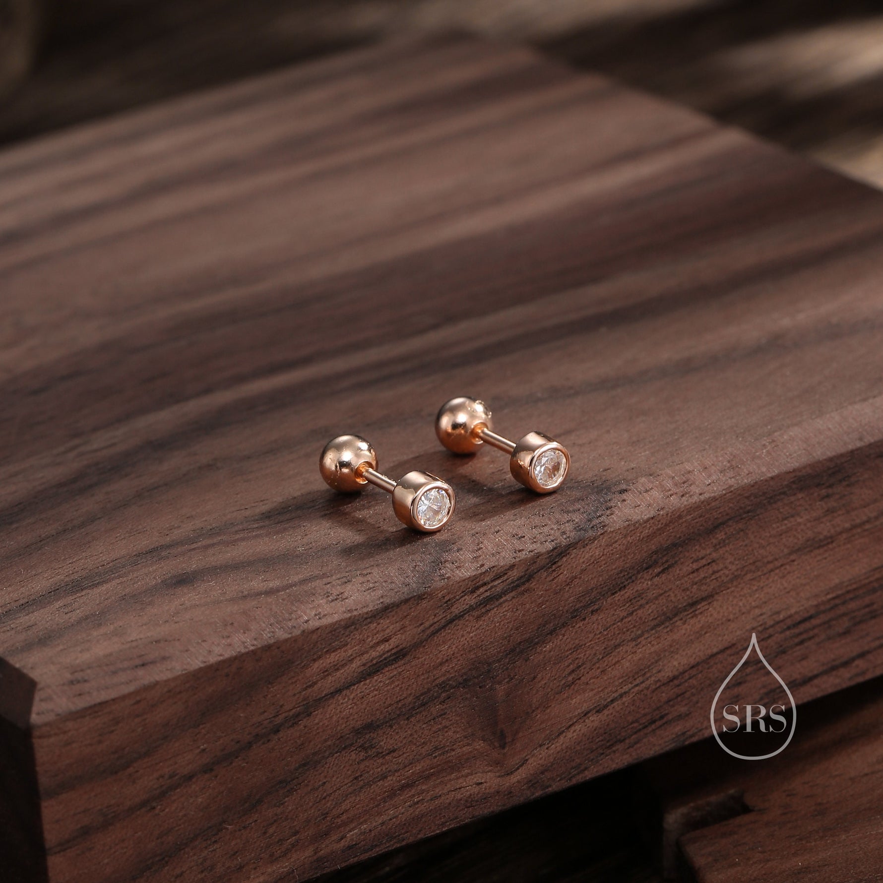 Small Pair of CZ Crystal Screw Back Earrings in Sterling Silver, Rose Gold, and Silver, ball Back Earrings - helix ,cartilage, conch, tragus