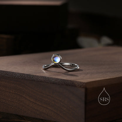 Minimalist Moonstone V Ring in Sterling Silver,  4mm Bezel Set Lab Moonstone Ring, Adjustable Size Chevron Ring, Simulated Moonstone Ring