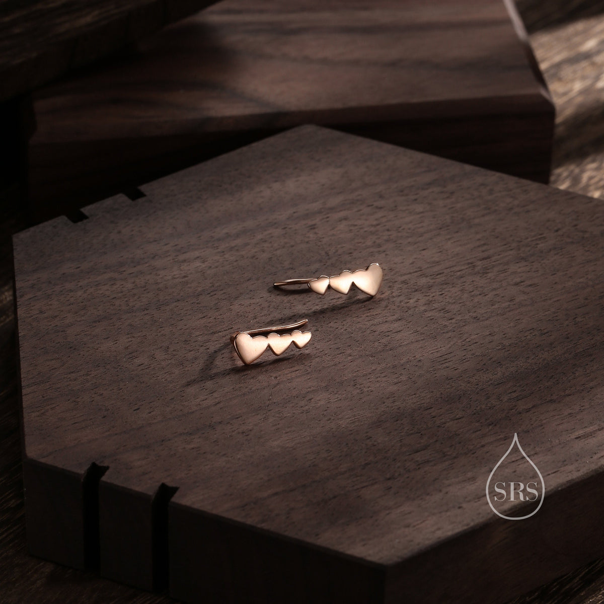 Heart Crawler Earrings in Sterling Silver, Silver, Gold or Rose Gold, Three Hearts Climber Earrings, Ear Climbers