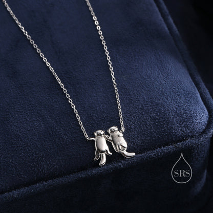 Tiny Otter Holding Hands Pendant Necklace in Sterling Silver, Silver or Gold or Rose Gold, Nature Inspired Animal Necklace