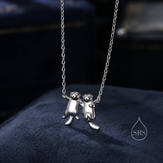 Tiny Otter Holding Hands Pendant Necklace in Sterling Silver, Silver or Gold or Rose Gold, Nature Inspired Animal Necklace