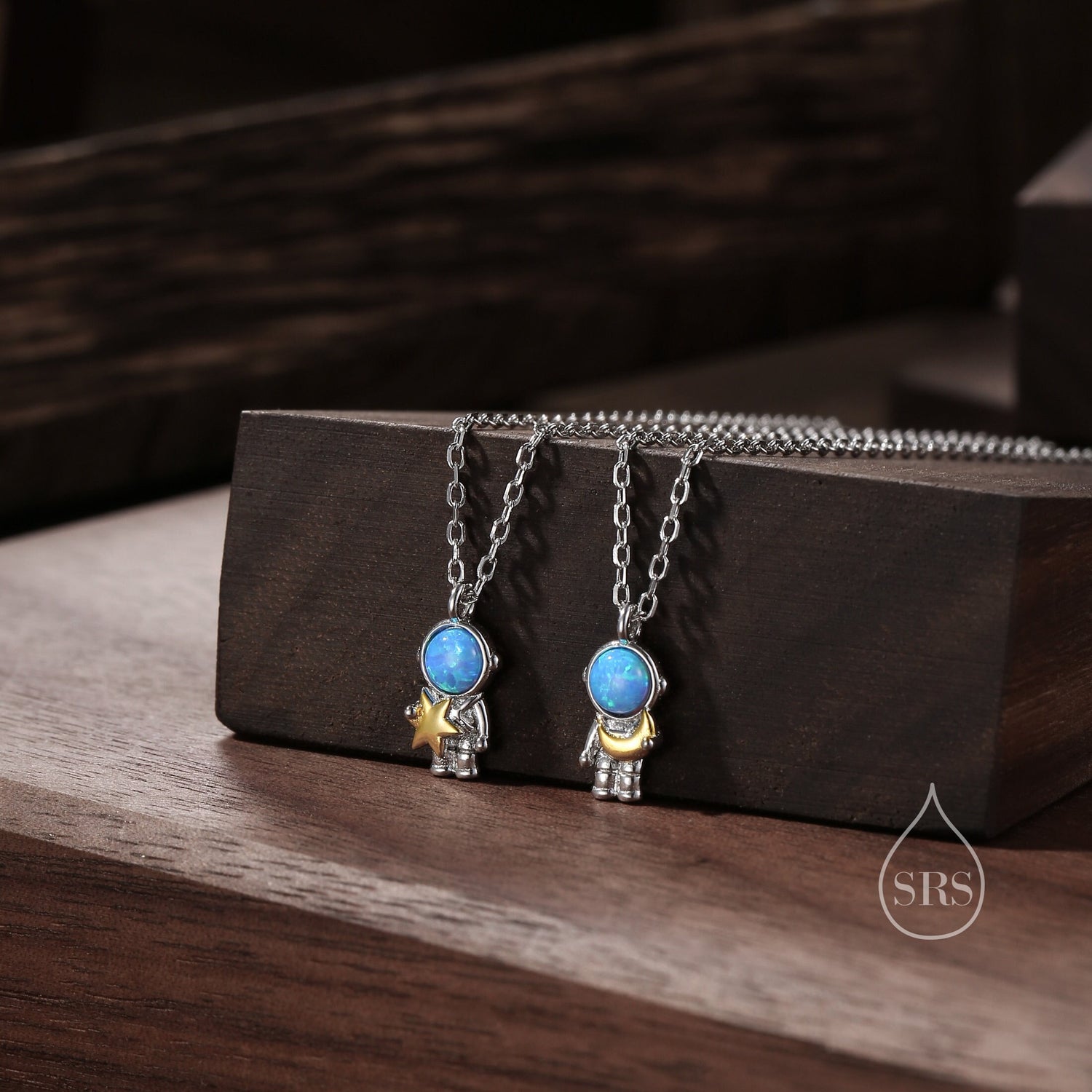 Best Friends Necklaces, Astronaut Pendant Necklace in Sterling Silver with Lab Opal, Spaceman Necklace, Friendship Necklace