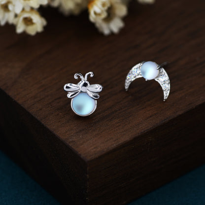 Mismatched Firefly and Moon Stud Earrings in Sterling Silver, Asymmetric Firefly and Moon Earrings with Moonstone, Cute and Fun