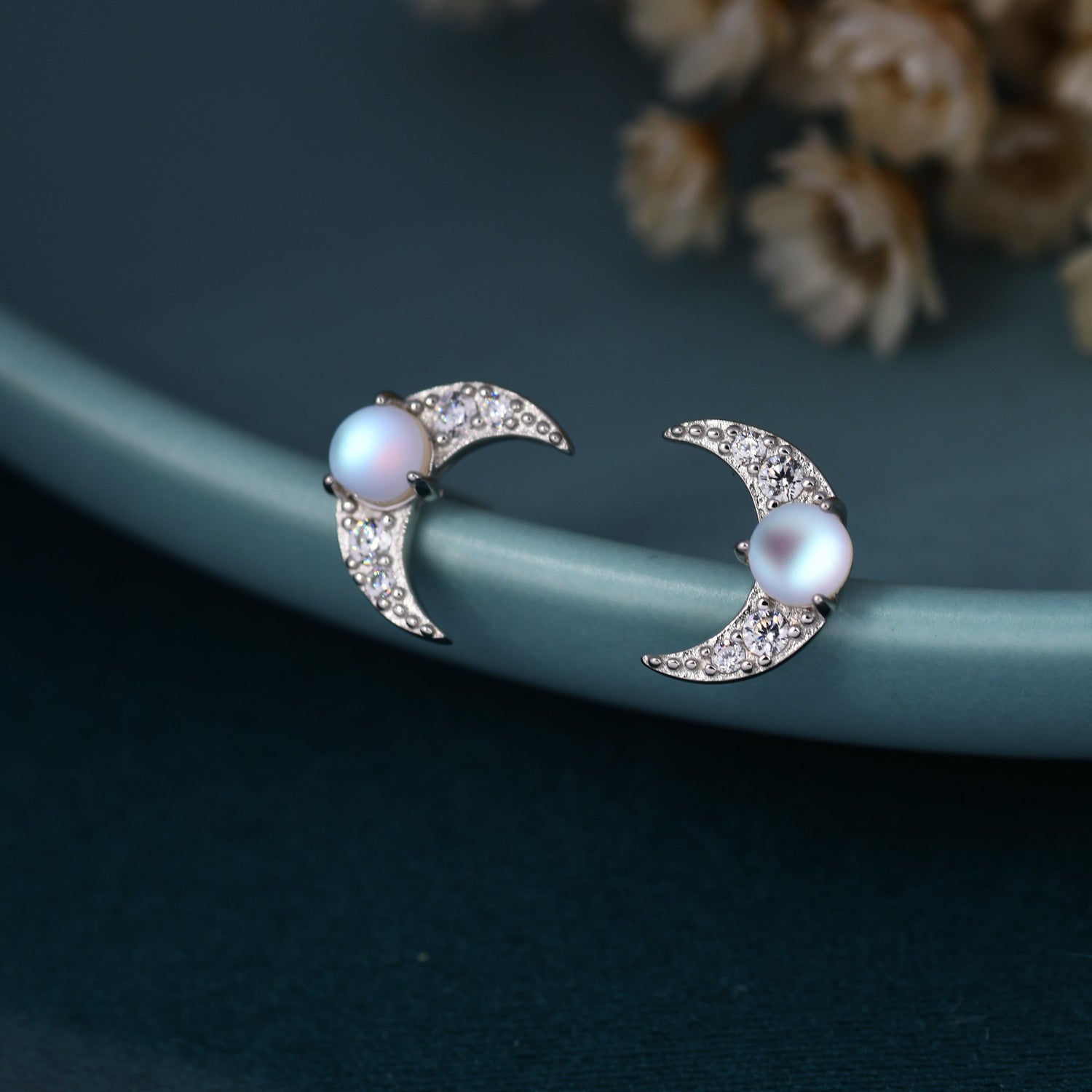 Crescent Moon Stud Earrings in Sterling Silver with Mermaid Crystals, New Moon Stud with Simulated Moonstones, Silver or Gold