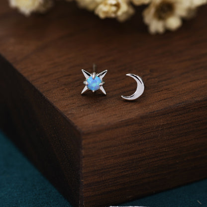 Mismatched Starburst and Moon Stud Earrings in Sterling Silver with Lab Opal, Asymmetric Blue Opal Star and Crescent Moon Earrings