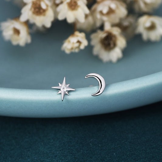 Mismatched Starburst and Moon Stud Earrings in Sterling Silver, Silver or Gold or Rose Gold, Asymmetric CZ Star and Crescent Moon Earrings