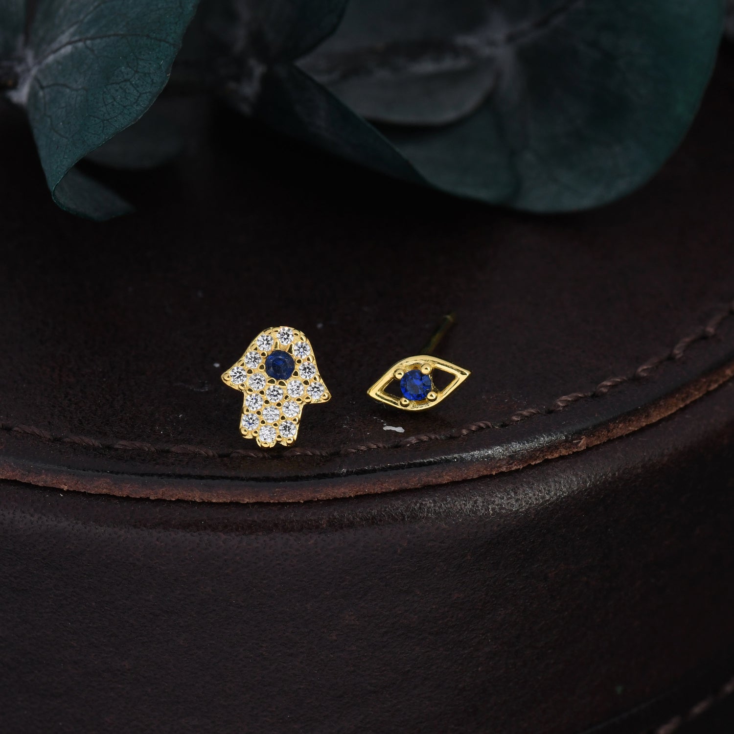 Mismatched Hamsa Hand and Evil Eye CZ Stud Earrings in Sterling Silver, Silver or Gold, Asymmetric Hand and Eye Earrings