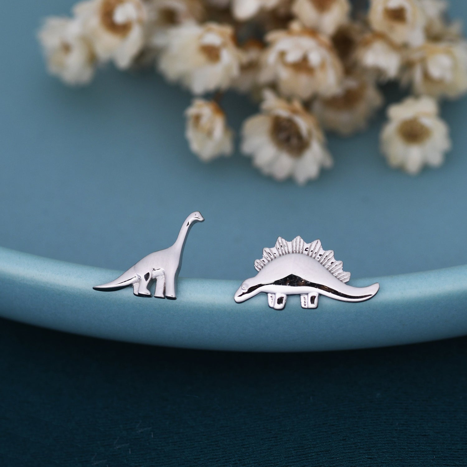 Tiny Mismatched Dinosaur Stud Earrings in Sterling Silver, Silver, Gold or Rose Gold, Asymmetric Stegosaurus and Brachiosaurus Dino Earrings