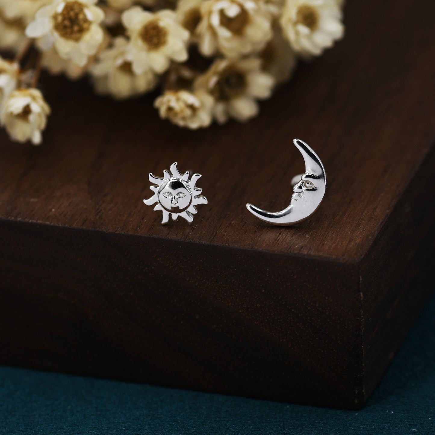 Mismatched Sun and Moon Stud Earrings in Sterling Silver, Asymmetric Man in the Moon and Sun Face Earrings, Silver Moon Face Earrings