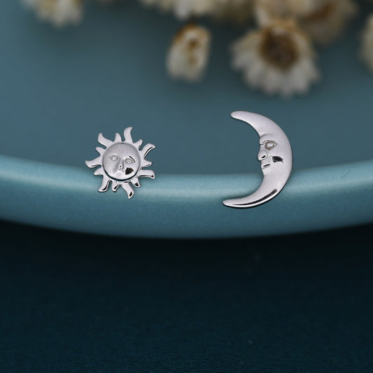 Mismatched Sun and Moon Stud Earrings in Sterling Silver, Asymmetric Man in the Moon and Sun Face Earrings, Silver Moon Face Earrings