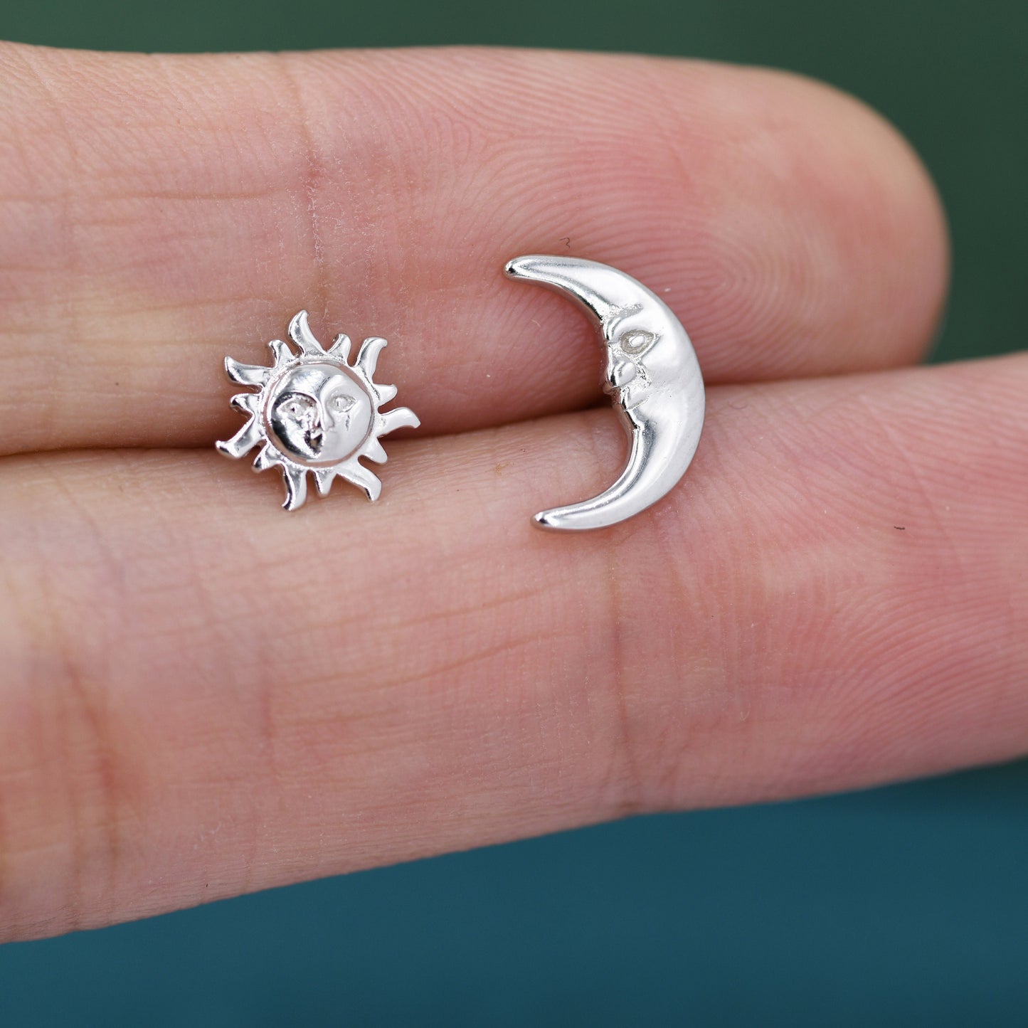 Mismatched Sun and Moon Stud Earrings in Sterling Silver, Asymmetric Man in the Moon and Sun Face Earrings, Silver Moon Face Earrings