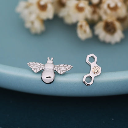 Mismatched Bee and Honeycomb Stud Earrings in Sterling Silver, Asymmetric Bee and Honeycomb Earrings, Silver Bumble Bee Earrings