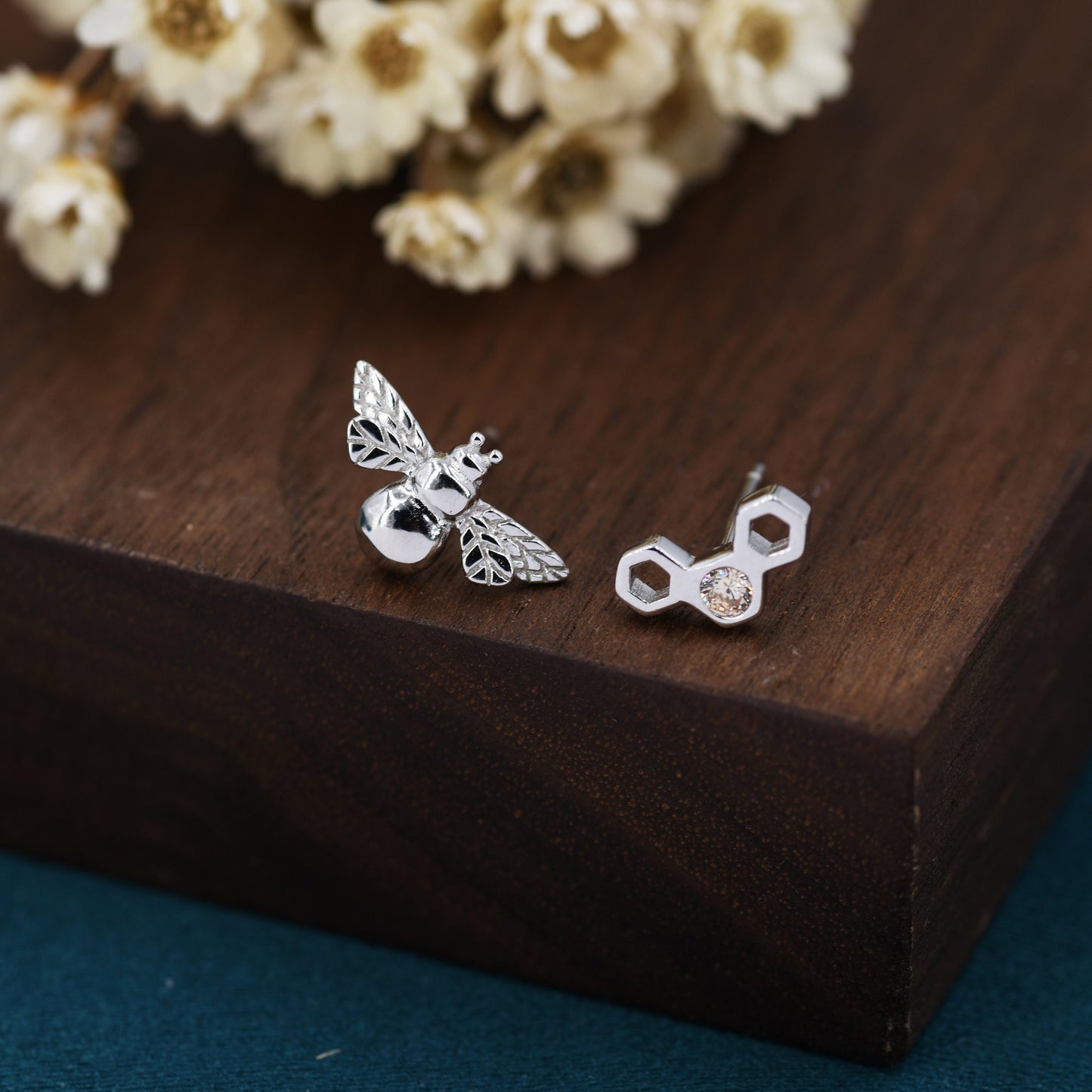 Mismatched Bee and Honeycomb Stud Earrings in Sterling Silver, Asymmetric Bee and Honeycomb Earrings, Silver Bumble Bee Earrings