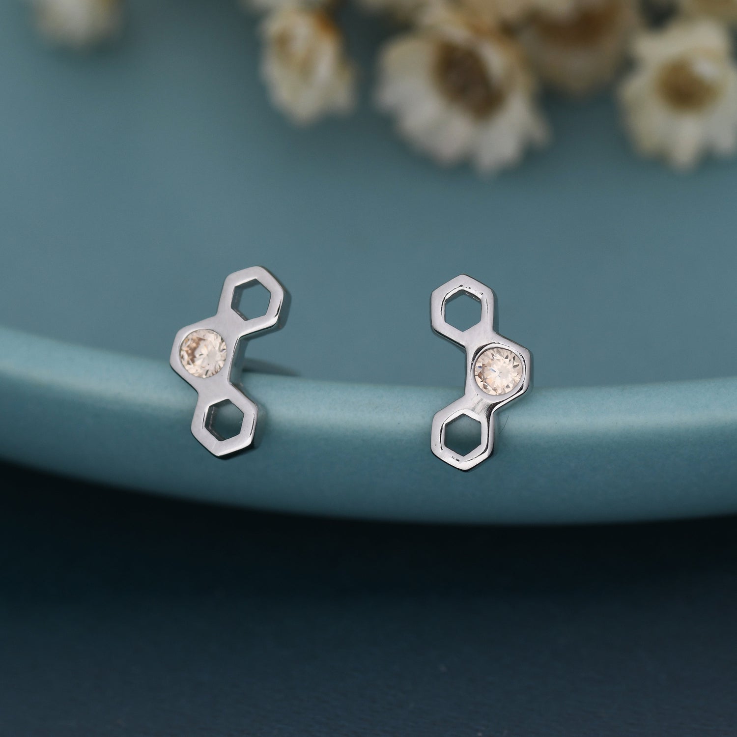 Citrine Honeycomb Stud Earrings in Sterling Silver, Silver or Gold, Nature Inspired