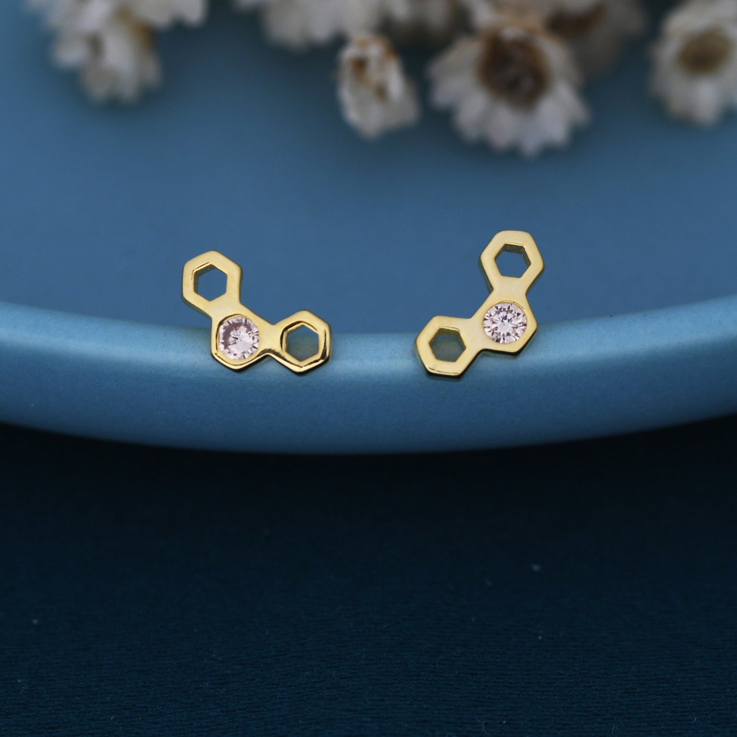 Citrine Honeycomb Stud Earrings in Sterling Silver, Silver or Gold, Nature Inspired