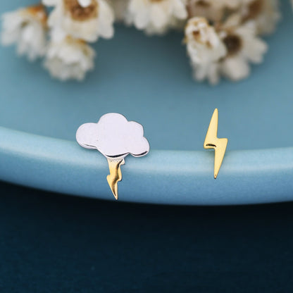 Mismatched Cloud and Lightning Bolt Stud Earrings in Sterling Silver, Asymmetric Cloud and Lightning Bolt Earrings