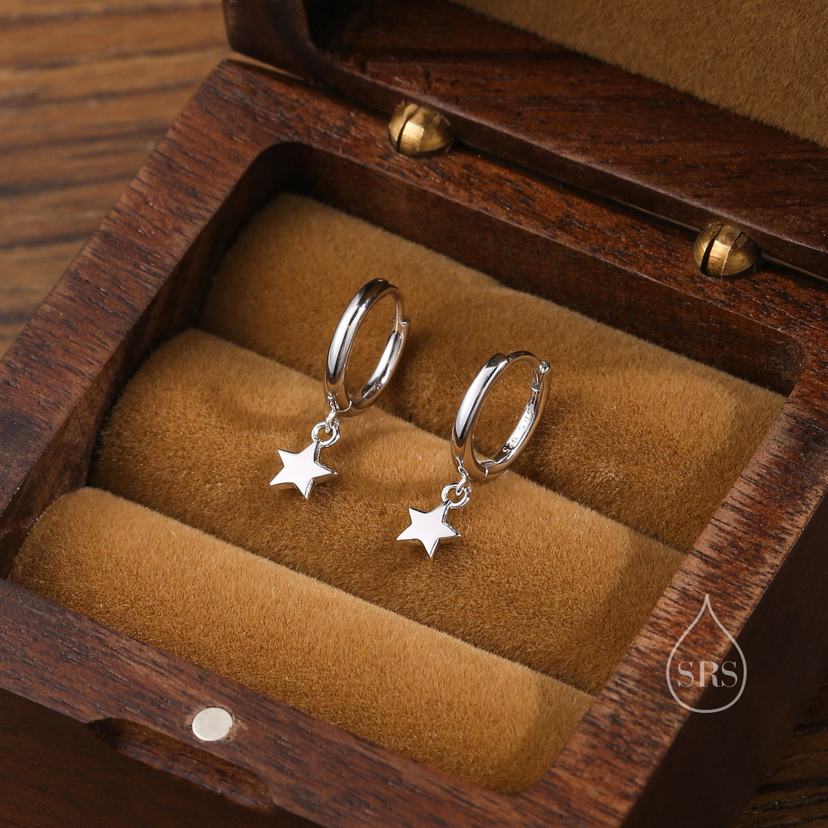 Pair of Star Huggie Hoop Earrings in Sterling Silver, Dangle Star Hoops, Celestial Earrings, Silver, Gold or Rose Gold
