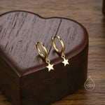 Pair of Star Huggie Hoop Earrings in Sterling Silver, Dangle Star Hoops, Celestial Earrings, Silver, Gold or Rose Gold