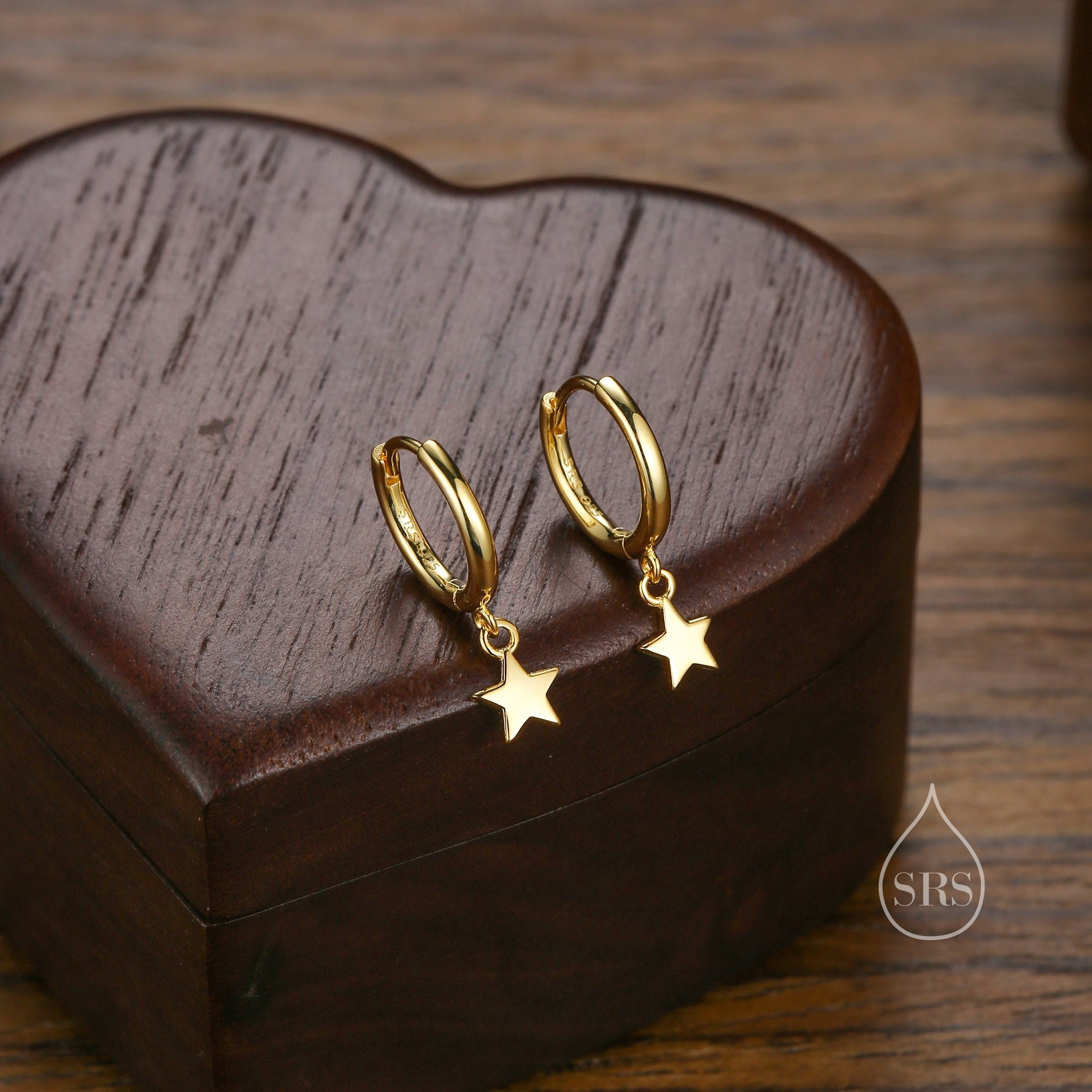 Pair of Star Huggie Hoop Earrings in Sterling Silver, Dangle Star Hoops, Celestial Earrings, Silver, Gold or Rose Gold