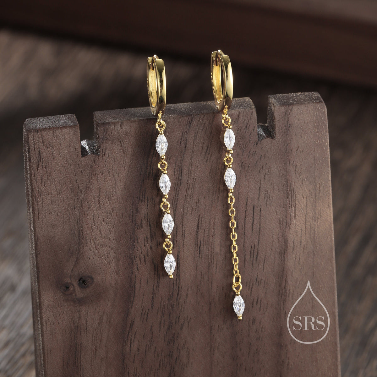 Asymmetric Marquise CZ Dangle Huggie Hoop Earrings in Sterling Silver, Silver or Gold, Geometric Hoop Earrings, Clear CZ Mismatched Design