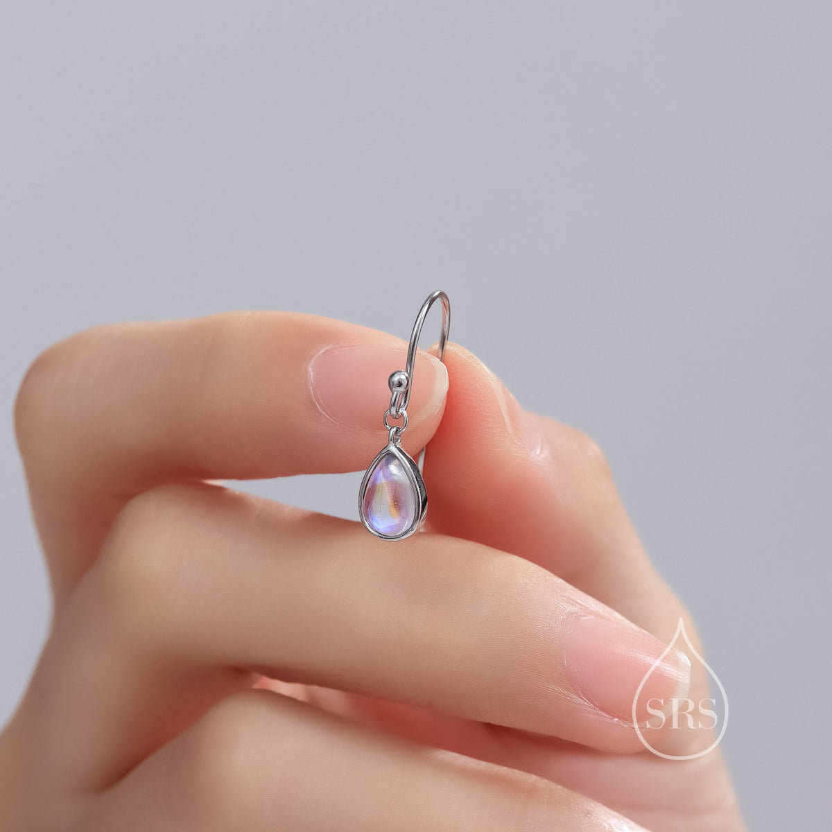 Moonstone Droplet Drop Hook Earrings in Sterling Silver, Delicate Lab Blue Moonestone Earrings, Pear Shape Moonstone Earrings