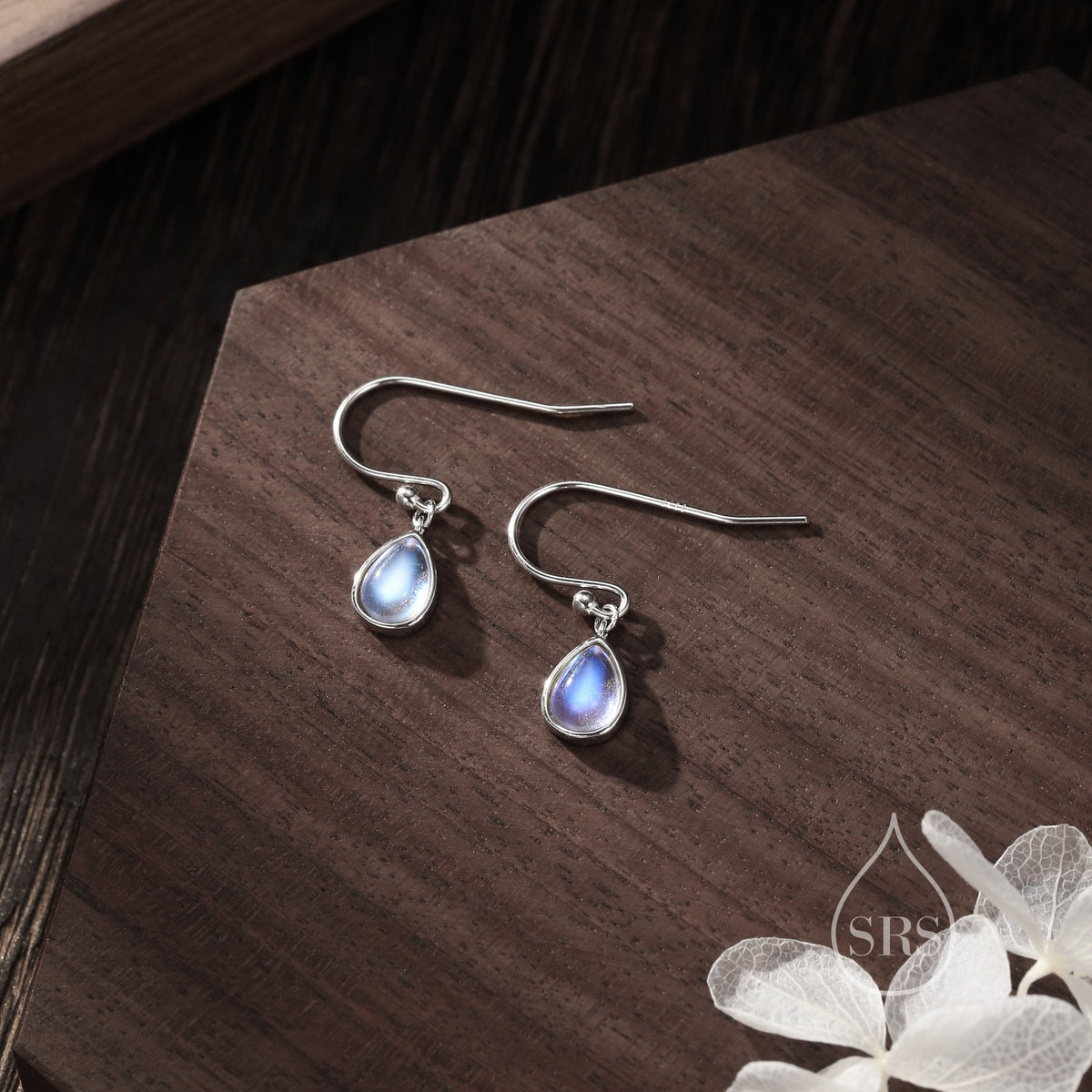 Moonstone Droplet Drop Hook Earrings in Sterling Silver, Delicate Lab Blue Moonestone Earrings, Pear Shape Moonstone Earrings