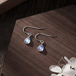 Moonstone Droplet Drop Hook Earrings in Sterling Silver, Delicate Lab Blue Moonestone Earrings, Pear Shape Moonstone Earrings
