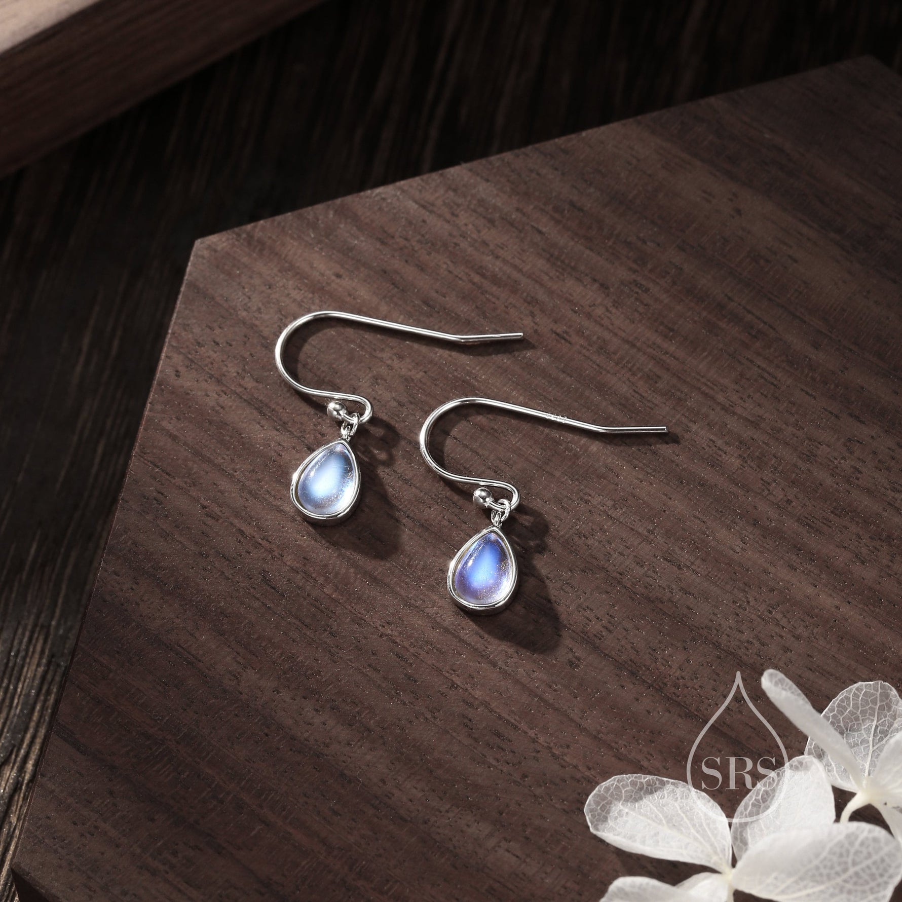 Moonstone Droplet Drop Hook Earrings in Sterling Silver, Delicate Lab Blue Moonestone Earrings, Pear Shape Moonstone Earrings
