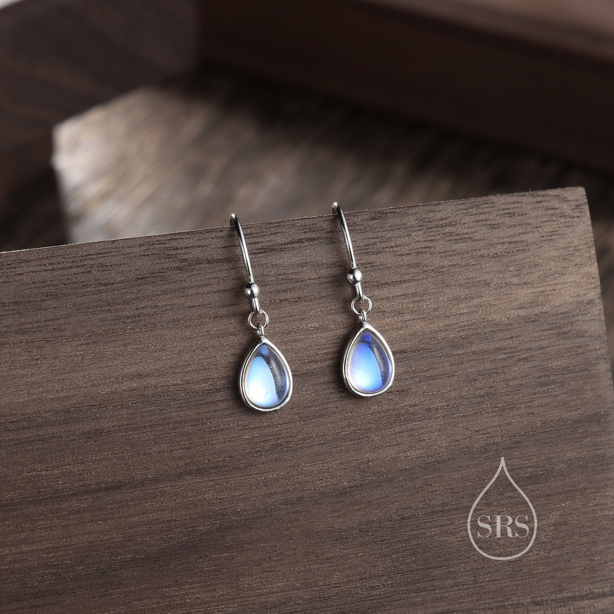 Moonstone Droplet Drop Hook Earrings in Sterling Silver, Delicate Lab Blue Moonestone Earrings, Pear Shape Moonstone Earrings