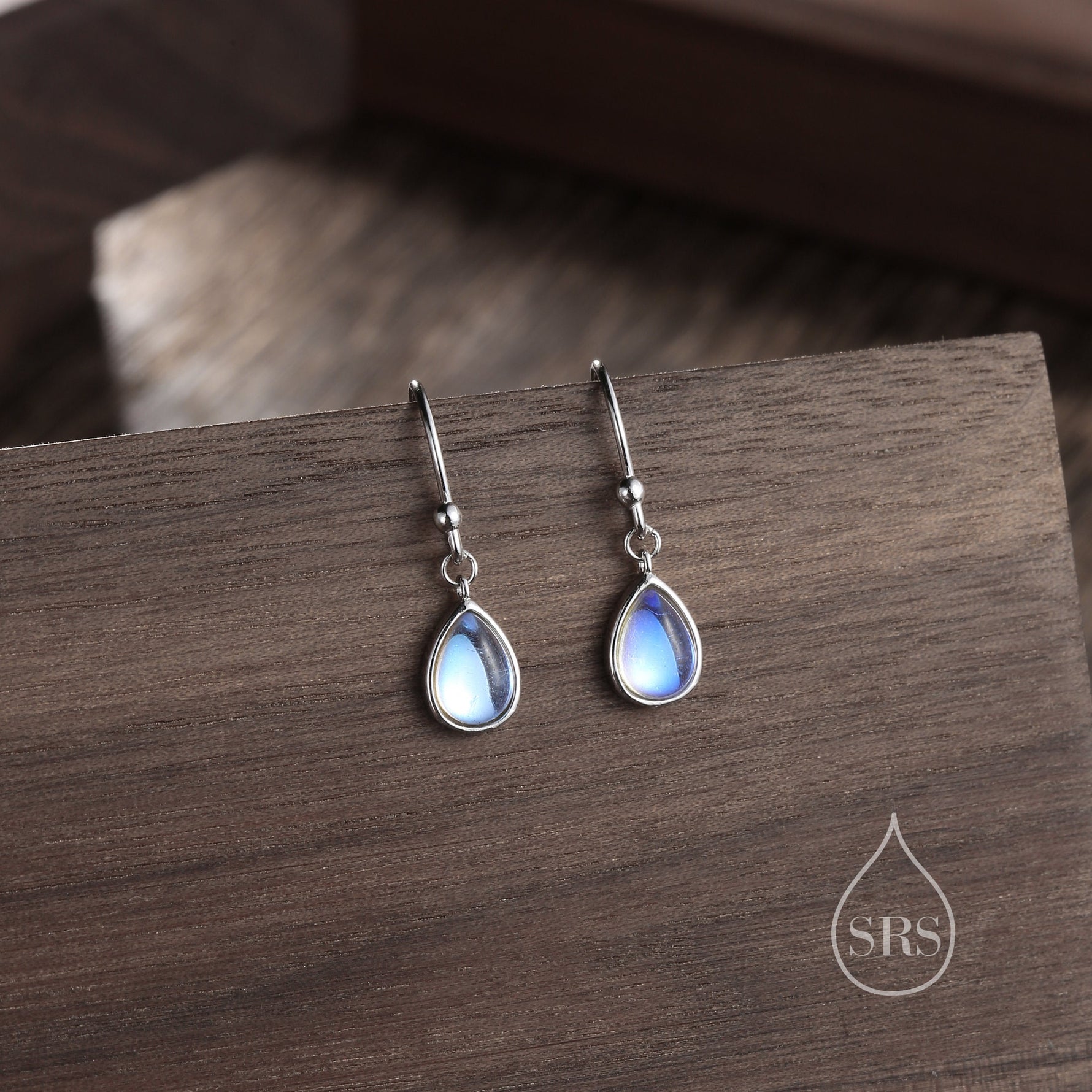 Moonstone Droplet Drop Hook Earrings in Sterling Silver, Delicate Lab Blue Moonestone Earrings, Pear Shape Moonstone Earrings