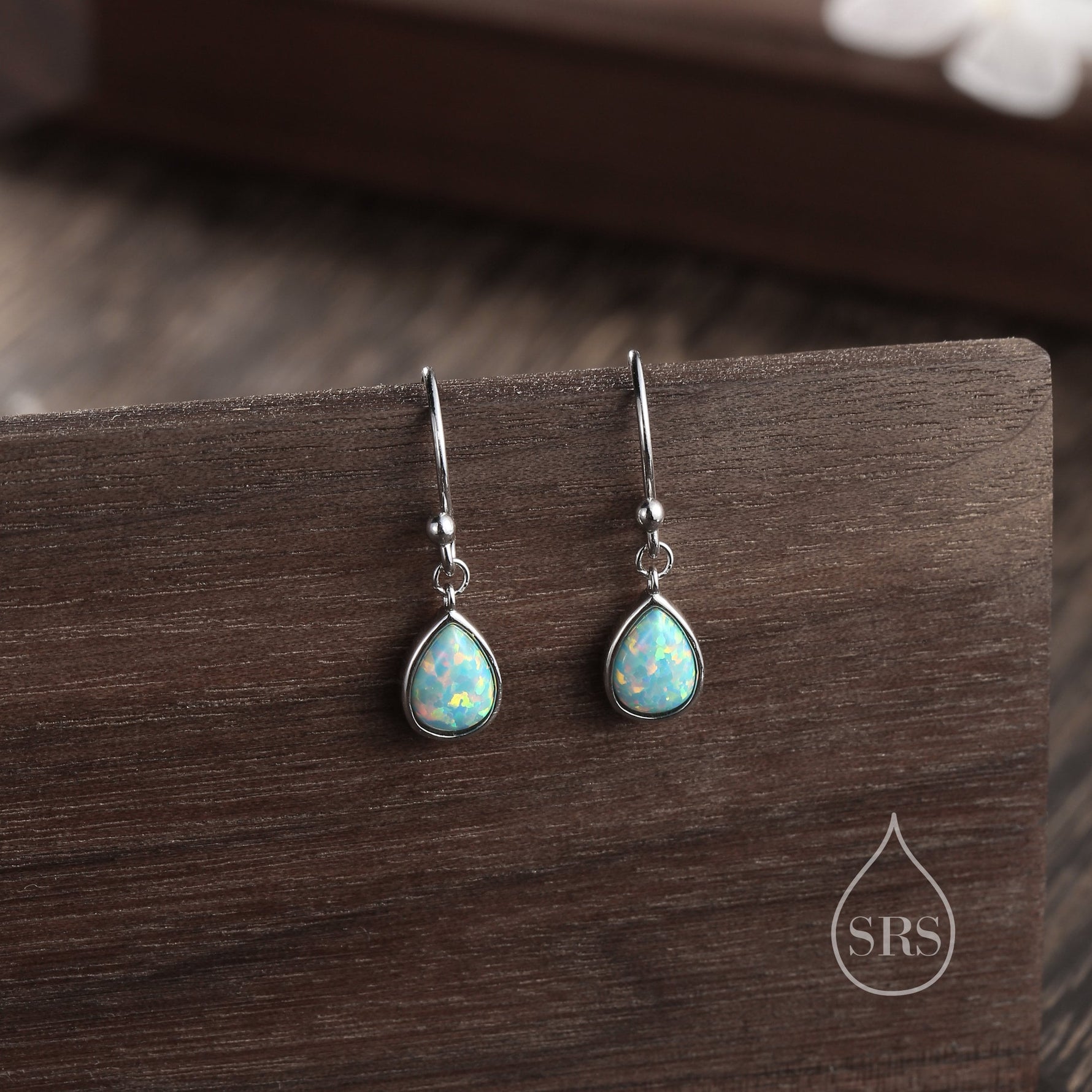 Aqua Green Opal Droplet Drop Hook Earrings in Sterling Silver, Delicate Aqua Blue Lab Opal Earrings, Pear Cut Opal Earrings, Simulated Opal