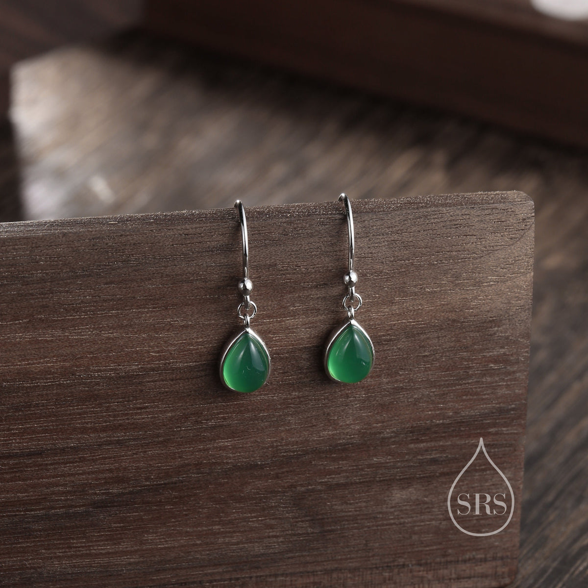 Genuine Green Onyx Droplet Drop Hook Earrings in Sterling Silver, Delicate Natural Green Onyx Earrings, Pear Shape Green Chalcedony Earrings