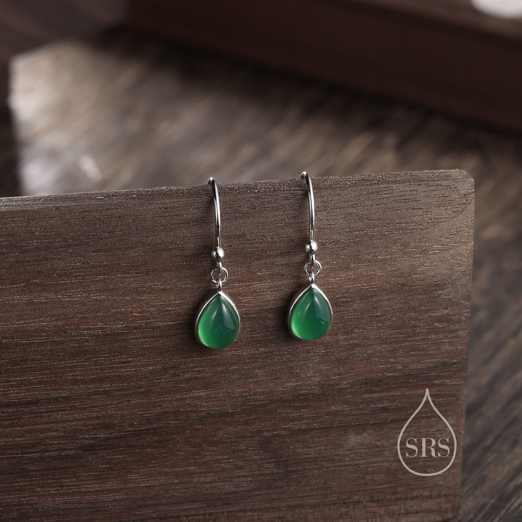 Genuine Green Onyx Droplet Drop Hook Earrings in Sterling Silver, Delicate Natural Green Onyx Earrings, Pear Shape Green Chalcedony Earrings