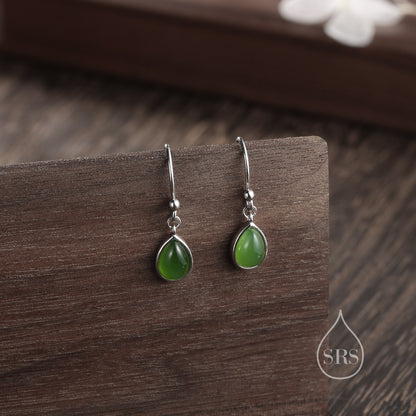 Genuine Jasper Jade Droplet Drop Hook Earrings in Sterling Silver, Delicate Natural Green Jade Earrings, Pear Shape Green Jade Earrings