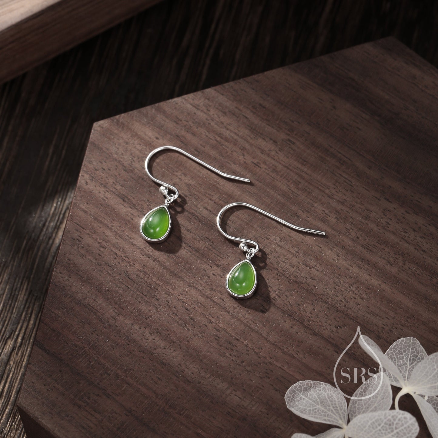 Genuine Jasper Jade Droplet Drop Hook Earrings in Sterling Silver, Delicate Natural Green Jade Earrings, Pear Shape Green Jade Earrings
