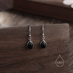 Genuine Black Onyx Droplet Drop Hook Earrings in Sterling Silver, Delicate Natural Black Onyx Earrings, Pear Shape Black Onyx Earrings
