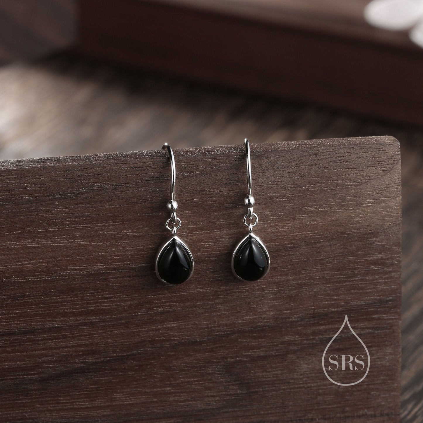 Genuine Black Onyx Droplet Drop Hook Earrings in Sterling Silver, Delicate Natural Black Onyx Earrings, Pear Shape Black Onyx Earrings