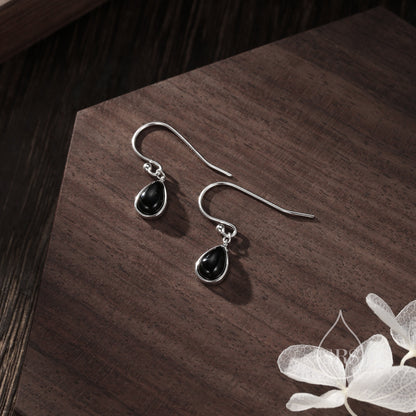 Genuine Black Onyx Droplet Drop Hook Earrings in Sterling Silver, Delicate Natural Black Onyx Earrings, Pear Shape Black Onyx Earrings