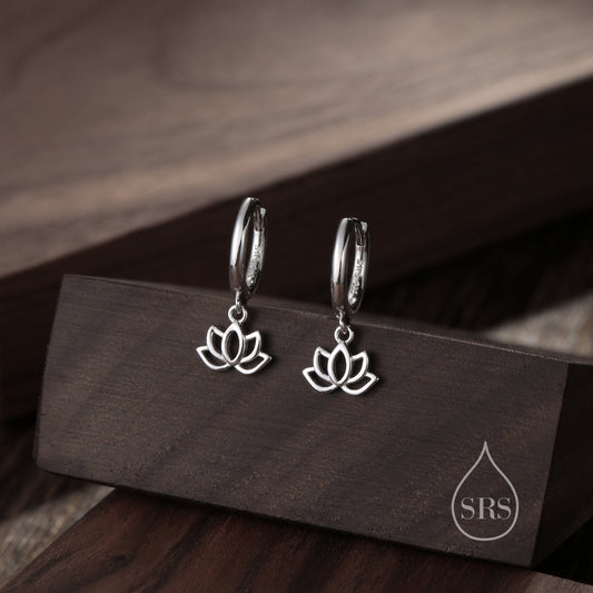 Sterling Silver Little Lotus Flower Huggie Hoops, Detachable Cute Lotus Hoop Earrings, Lotus Flower Charm Dangle Earrings