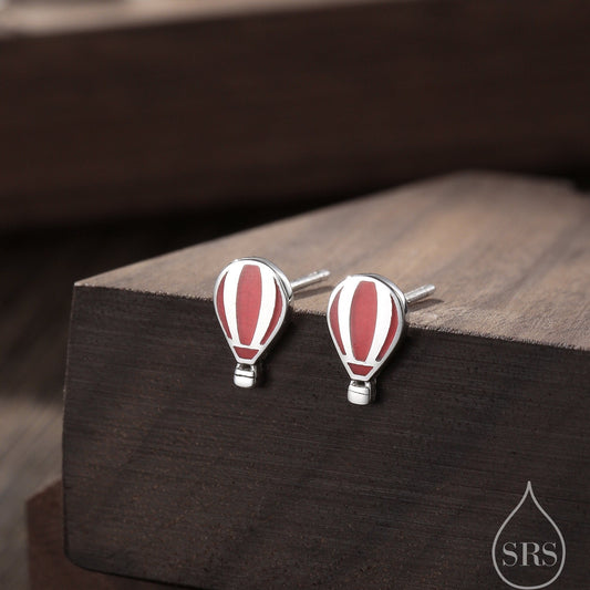 Sterling Silver Hot Air Balloon Stud Earrings, Silver or Gold, Small Hot Air Balloon Earrings with Hand Painted Red Enamel