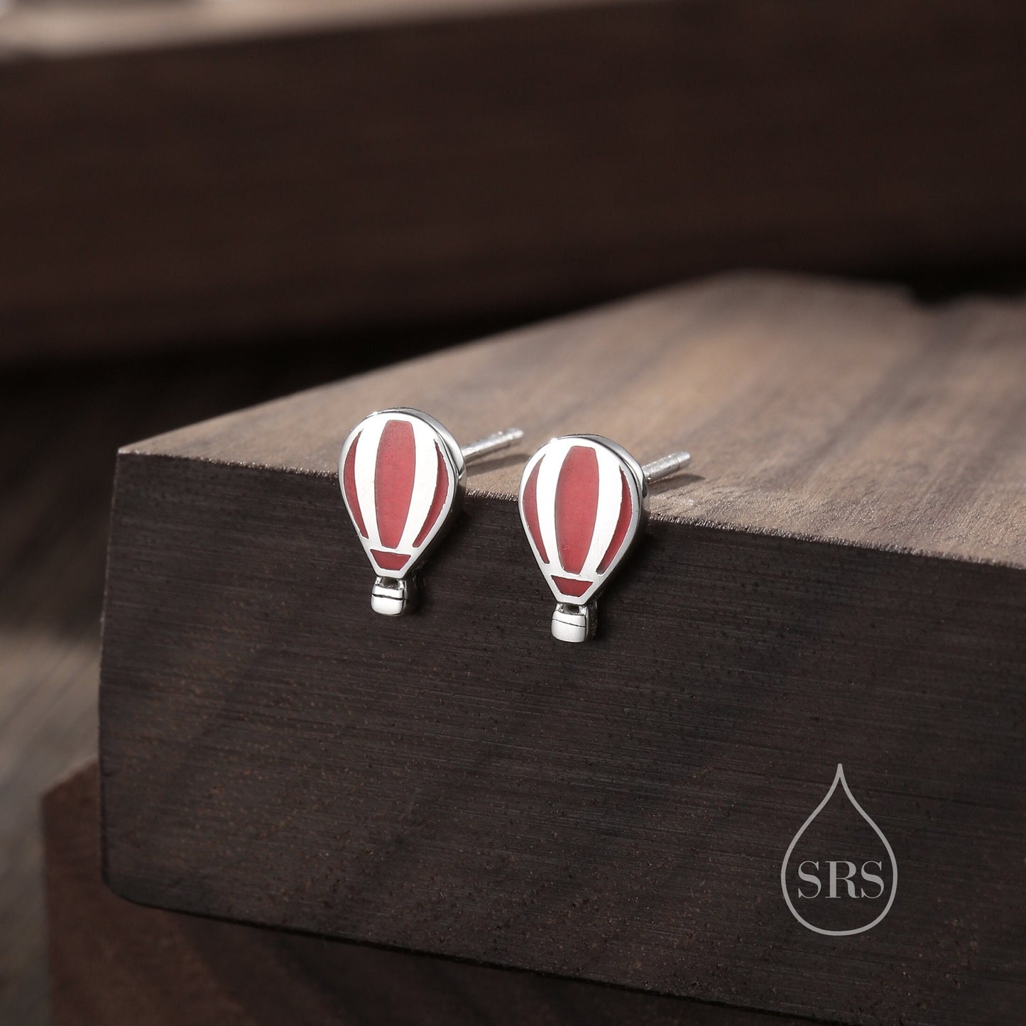 Sterling Silver Hot Air Balloon Stud Earrings, Silver or Gold, Small Hot Air Balloon Earrings with Hand Painted Red Enamel