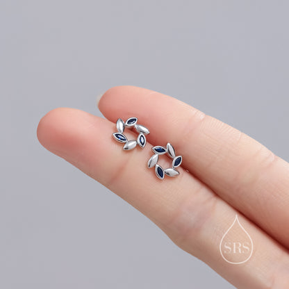 Sterling Silver Wreath Stud Earrings with Sapphire Blue CZ- Silver or Gold, CZ Circle Flower Stud Earrings, Wedding, Bridal Jewellery