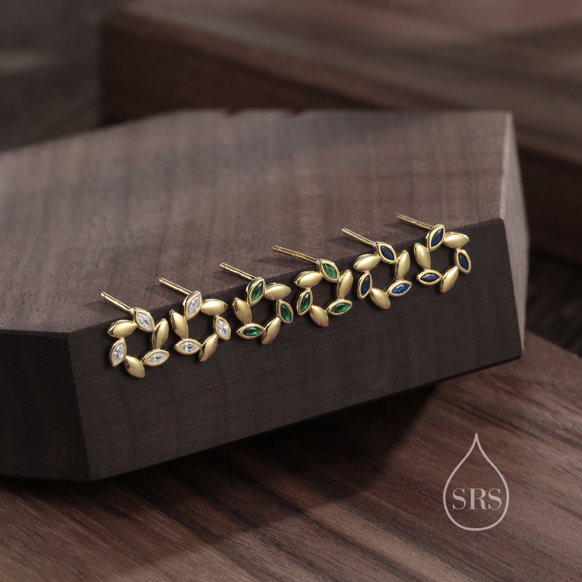 Sterling Silver Wreath Stud Earrings with Sapphire Blue CZ- Silver or Gold, CZ Circle Flower Stud Earrings, Wedding, Bridal Jewellery