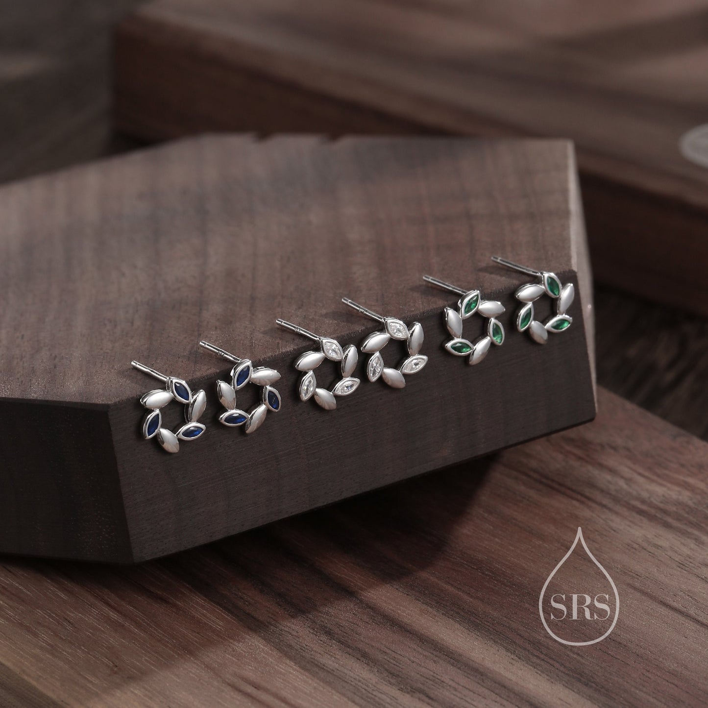 Sterling Silver Wreath Stud Earrings with Sapphire Blue CZ- Silver or Gold, CZ Circle Flower Stud Earrings, Wedding, Bridal Jewellery