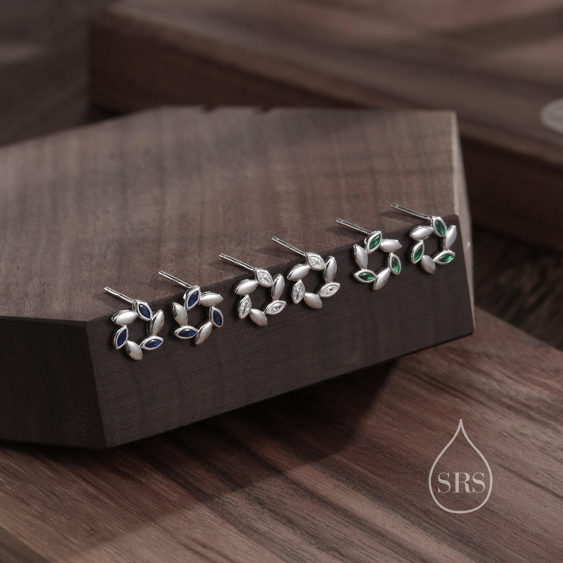 Sterling Silver Wreath Stud Earrings with Sapphire Blue CZ- Silver or Gold, CZ Circle Flower Stud Earrings, Wedding, Bridal Jewellery