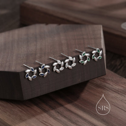 Sterling Silver Wreath Stud Earrings with Sapphire Blue CZ- Silver or Gold, CZ Circle Flower Stud Earrings, Wedding, Bridal Jewellery