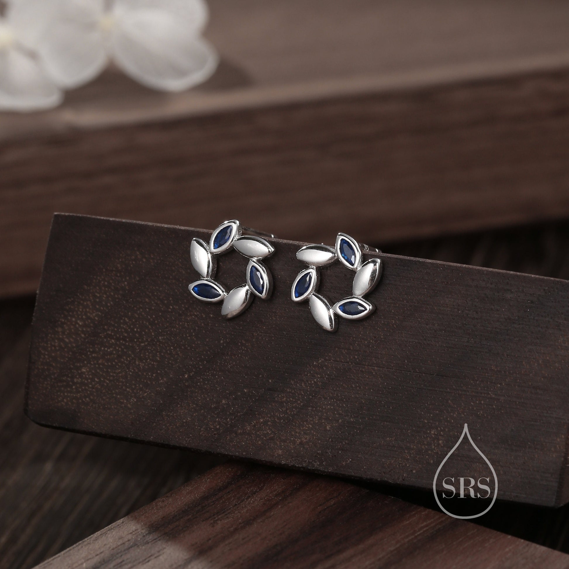Sterling Silver Wreath Stud Earrings with Sapphire Blue CZ- Silver or Gold, CZ Circle Flower Stud Earrings, Wedding, Bridal Jewellery