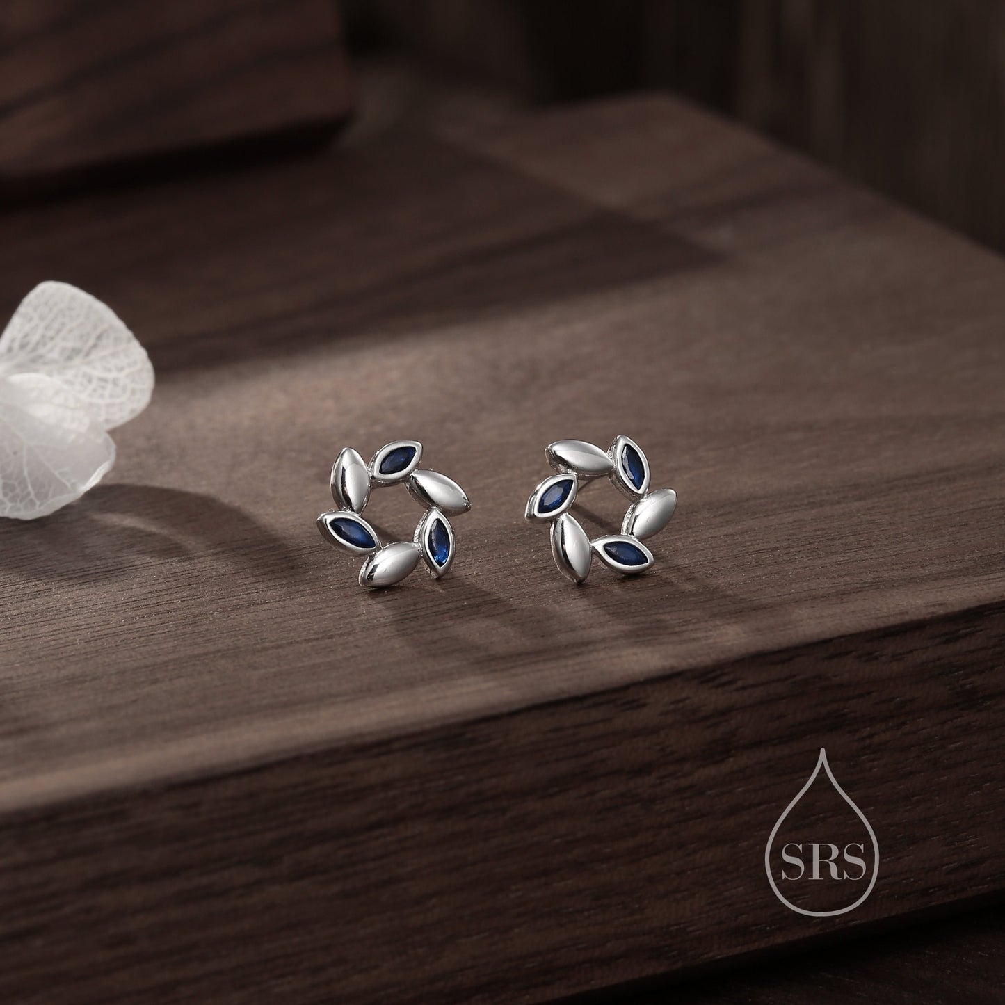 Sterling Silver Wreath Stud Earrings with Sapphire Blue CZ- Silver or Gold, CZ Circle Flower Stud Earrings, Wedding, Bridal Jewellery